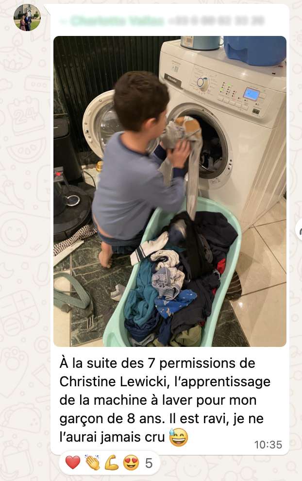 Témoignage WhatsApp : un garçon de 8 ans apprend à utiliser la machine à laver après les 7 permissions de Christine Lewicki