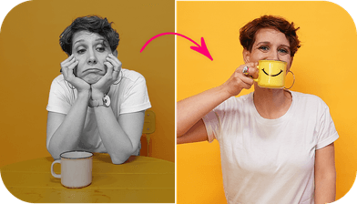 Une maman lasse devant son café, puis la même, souriante