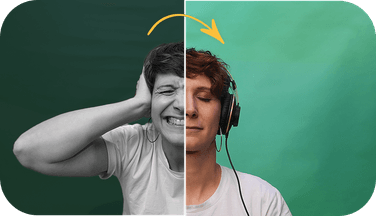 Une maman les mains sur les oreilles, puis la même, au casque