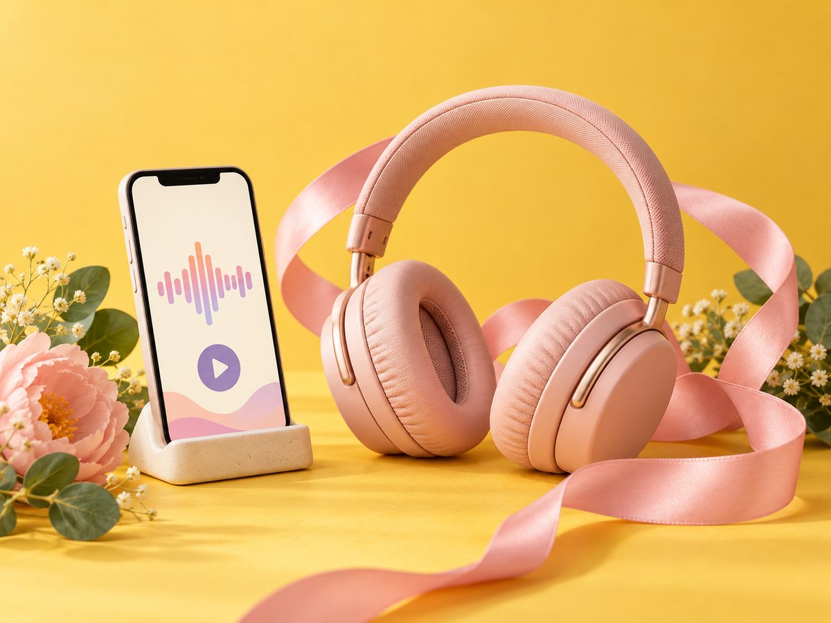 Un casque audio rose posé à côté d'un téléphone qui joue un audio, sur fond jaune fleuri