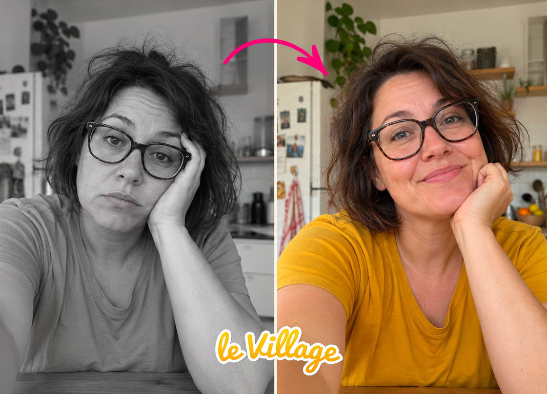 Une Villageoise en noir et blanc, la tête posée sur la main, le regard éteint ; à côté, la même en couleur, souriante