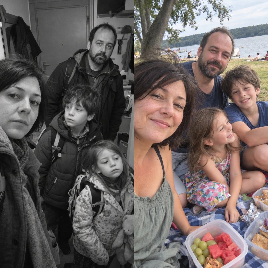 Une famille en noir et blanc dans une entrée, tout le monde fatigué ; à côté, la même famille en couleur, en pique-nique au bord d'un lac