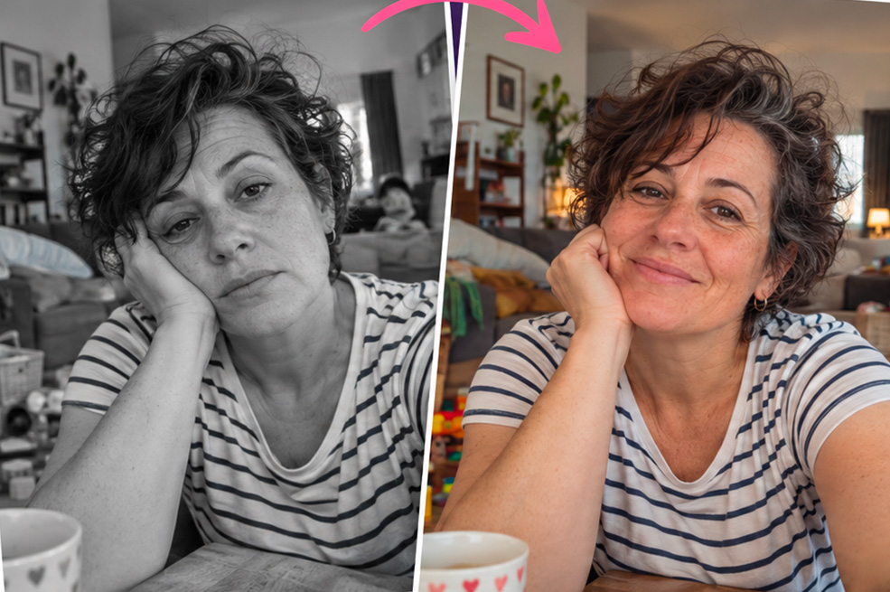 Une autre Villageoise en noir et blanc, accoudée à sa table ; à côté, la même en couleur, apaisée